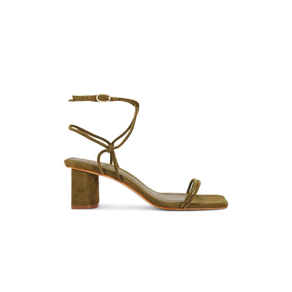 Schutz Pompeii Mid Sandal in Matcha suede open toe ankle strap mid high heel